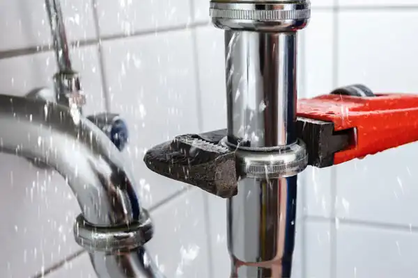 Water sprays from a leaking pipe joint while a wrench attempts tightening, illustrating a plumbing repair in progress.