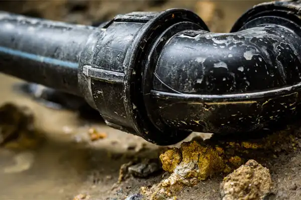 Close-up of a black plastic pipe with a curved joint, partially covered in mud and surrounded by rocky soil.