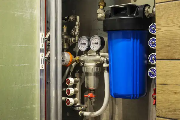 A plumbing system with various pipes, valves, pressure gauges, and a large blue water filter is installed in a cabinet.
